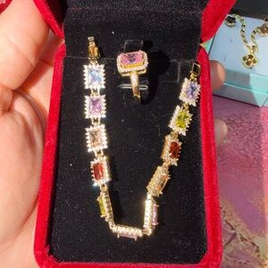 14k laminated gold Elegant Multicolor Gemstone bracelet and Ring Set
